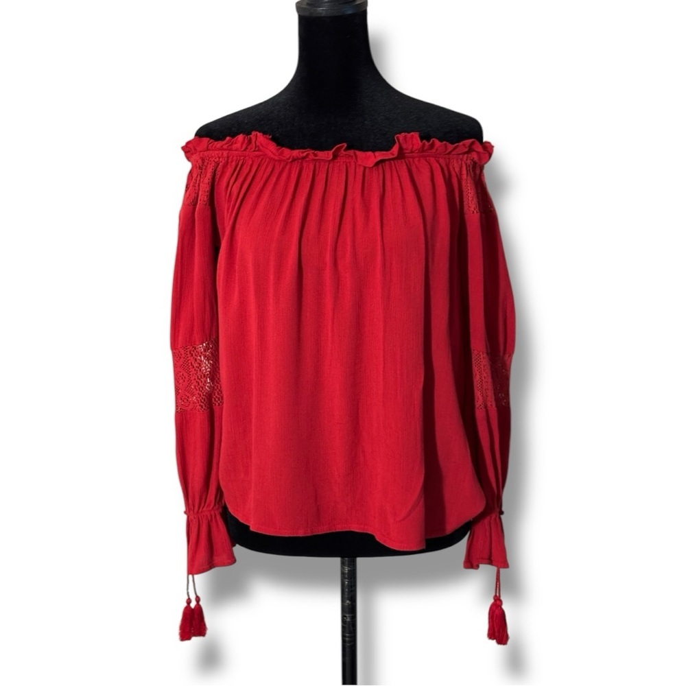 Band of Gypsies Red Ruffled Lightwight Off-Shoulder Long Sleeve Tassel Blouse